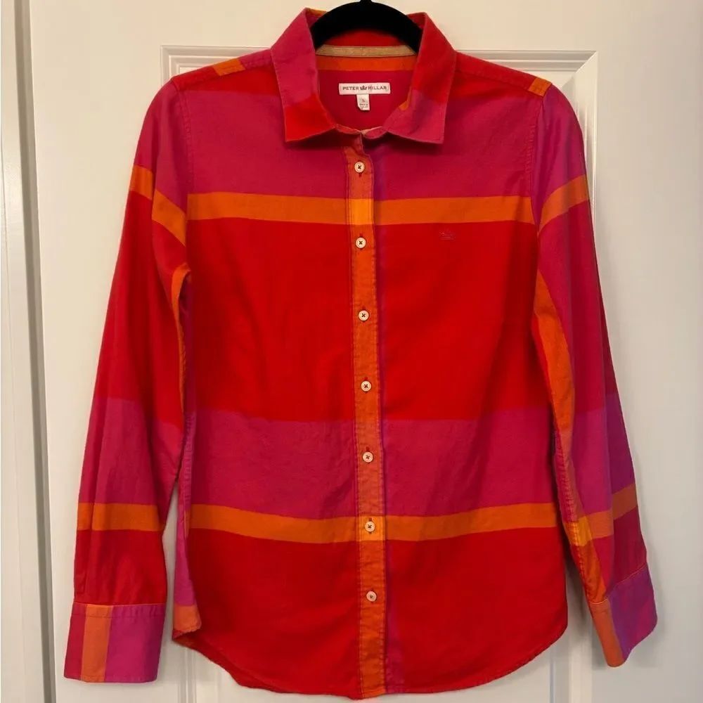 PETER MILLAR Plaid Button Up Blouse Pink Orange Women’s Size Small